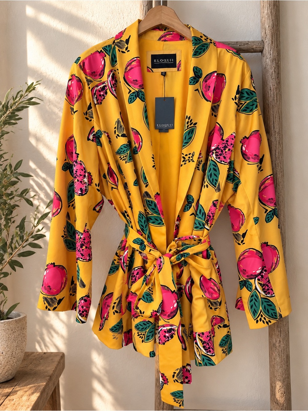 NWT ELOQUII Size 20 Pomegranate Print Belted Blazer Jacket Yellow